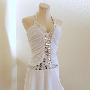 Roberta White Rhinestone Beaded & Ruched Halter Dress with Dip Hem Size Small